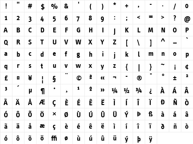 InfoText Bold  glyph index