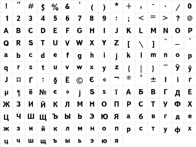 TextBook Bold  glyph index