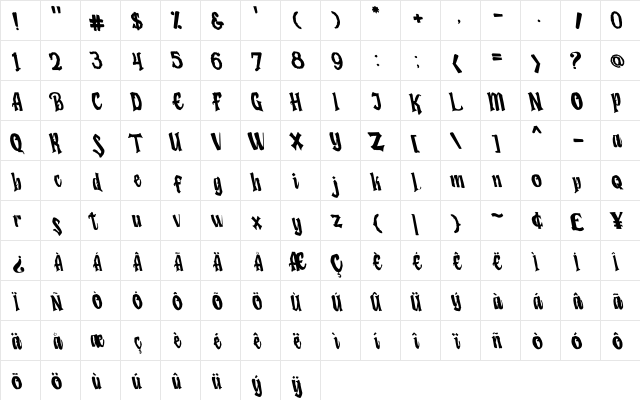 Humingson Rough Tilted Regular  glyph index