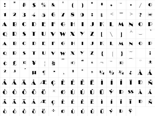 BroadwaySCD Regular  glyph index
