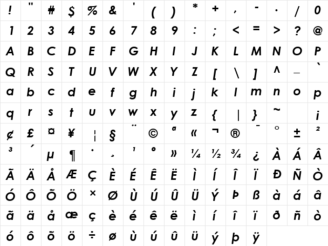 GE Centurion Bold Italic  glyph index