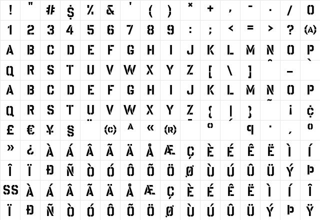 GiantLayers Regular  glyph index
