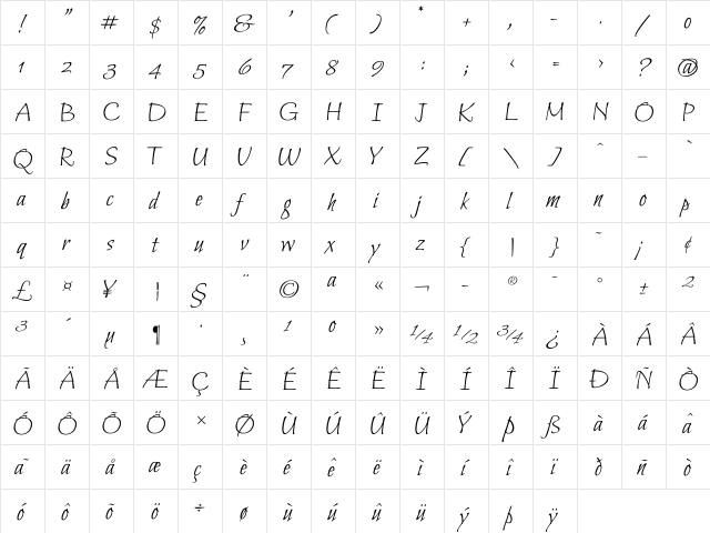 Bilbo Regular  glyph index