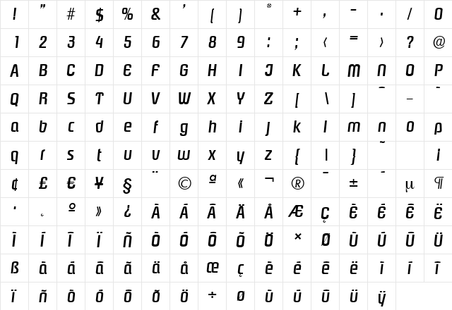 PasadenaSerial-Medium Italic  glyph index