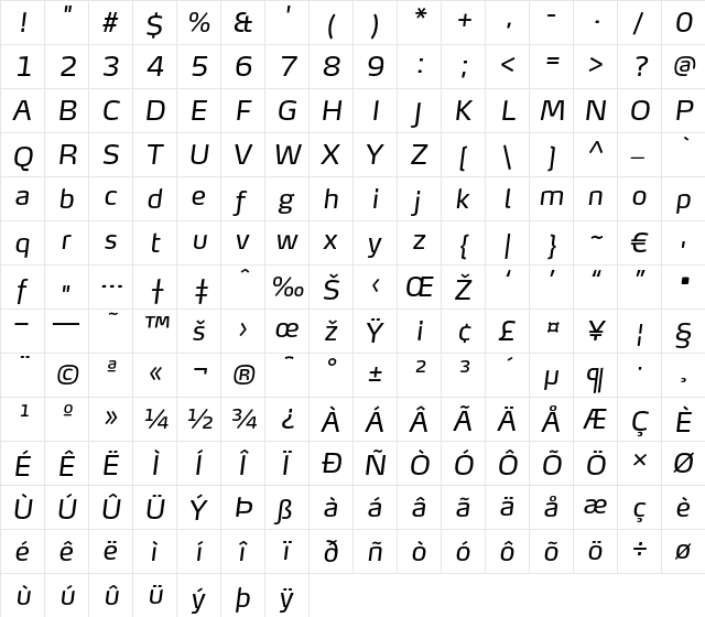 MaxTF-RegularItalic Regular  glyph index