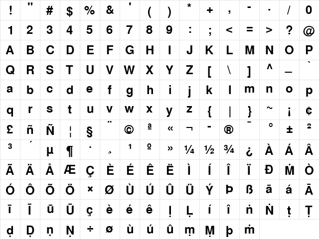 Pali Helvetica Regular  glyph index