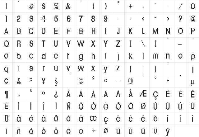 Upperville Condensed Normal  glyph index