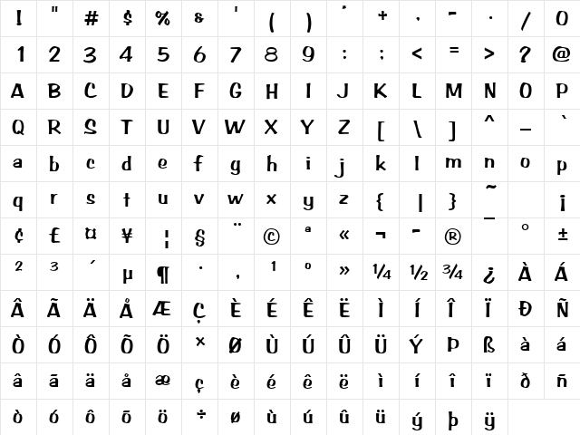 ArabBruD Regular  glyph index