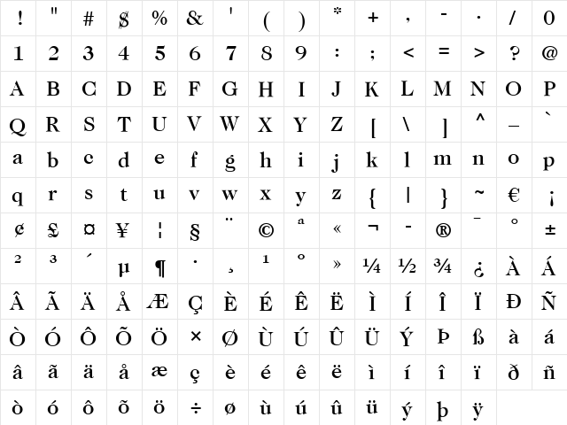 Caslon 224 LT Medium Regular  glyph index