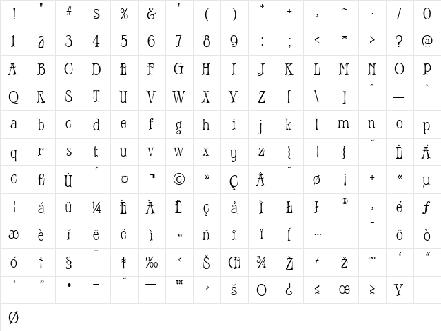 Sebastian Regular  glyph index