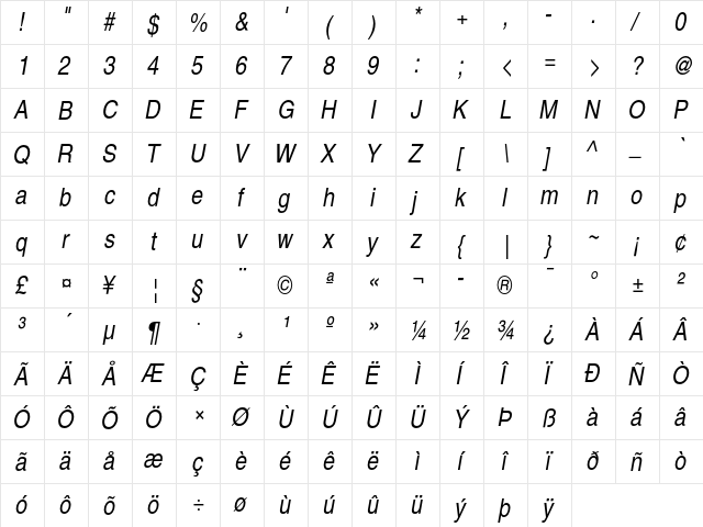 TeX Gyre Heros Cn Italic  glyph index