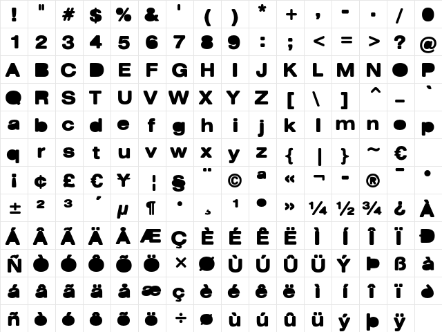 Buldozer Regular  glyph index