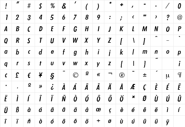 LimerickCdSerial-Medium Italic  glyph index