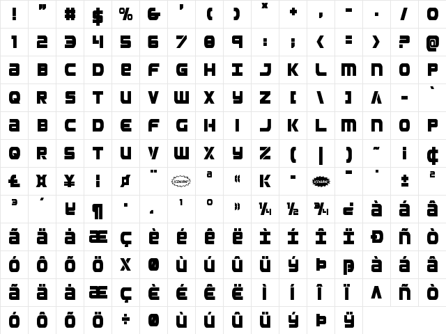 Ozda Condensed Condensed  glyph index