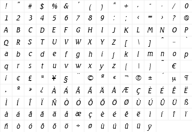 Seagull-LightIta Regular  glyph index