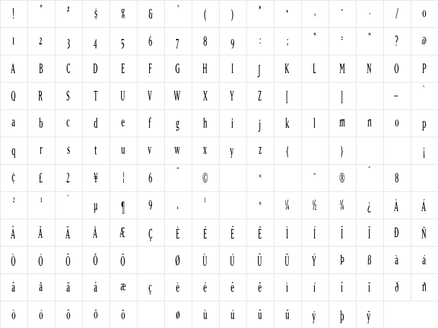 MatrixNarrow Regular  glyph index