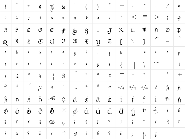 Lilian Scheaffer Gothic Regular  glyph index