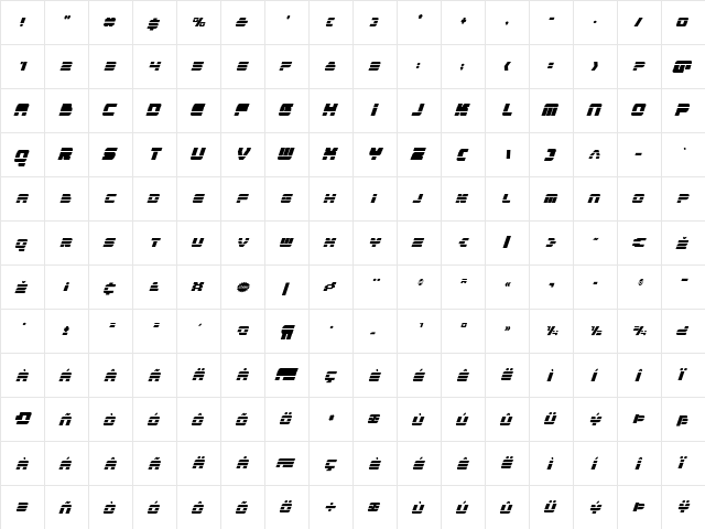 Quicken Condensed Italic Condensed Italic  glyph index