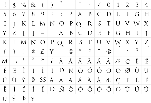 Trajan Regular  glyph index