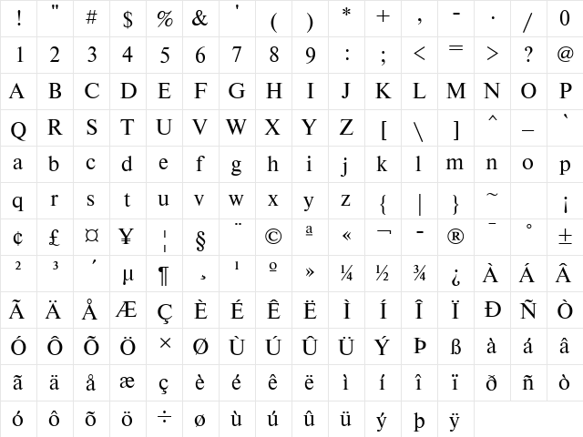NewtonATT Regular  glyph index