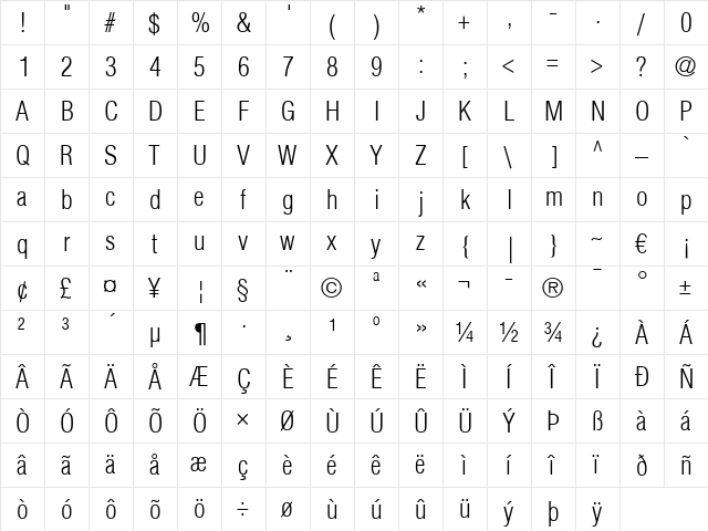 Helvetica LT CondensedLight Regular  glyph index