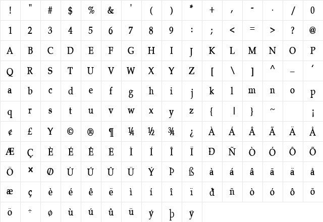 Tavern-Condensed Bold  glyph index