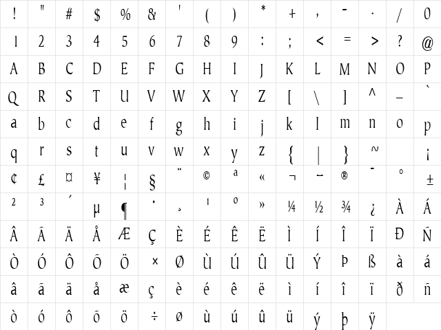 JusticeSystemCondensed Regular  glyph index