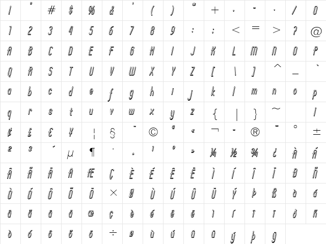 Operator Nine BTN Shadow Oblique  glyph index