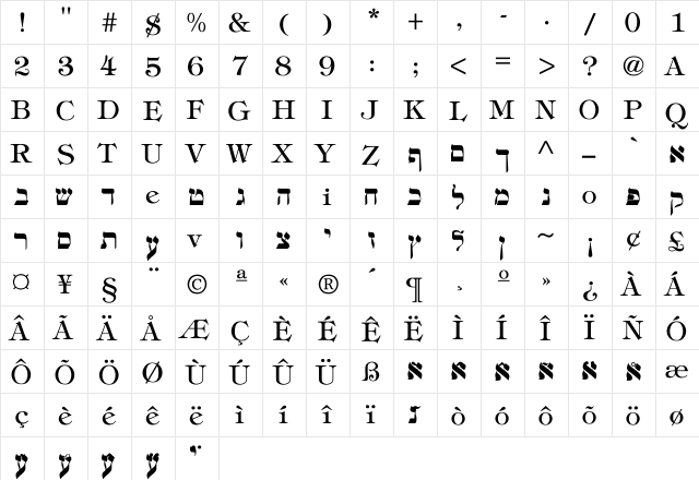 hebrew Regular  glyph index