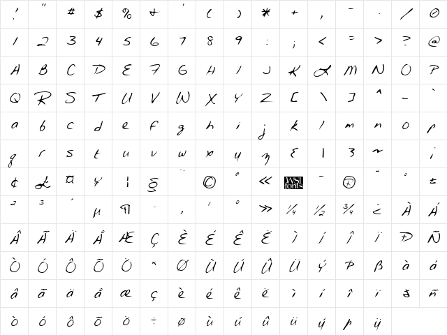 MarciesHand Regular  glyph index