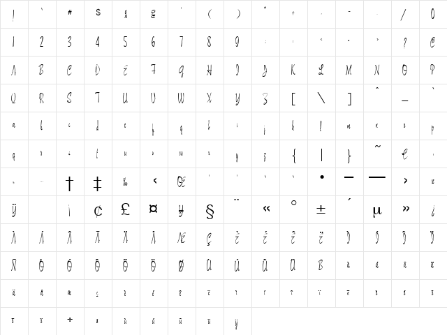 Virgin Regular  glyph index