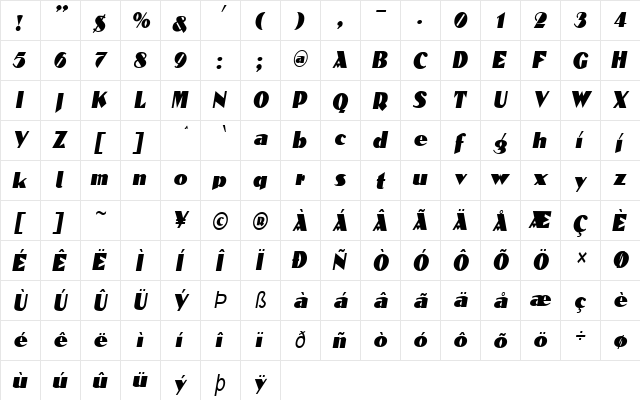 BlockCalligraphyCondensed Italic  glyph index