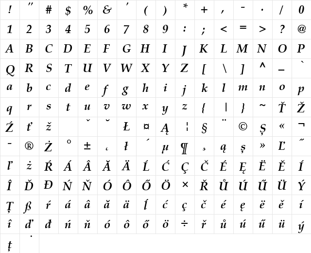 Palatino CE Bold Italic  glyph index