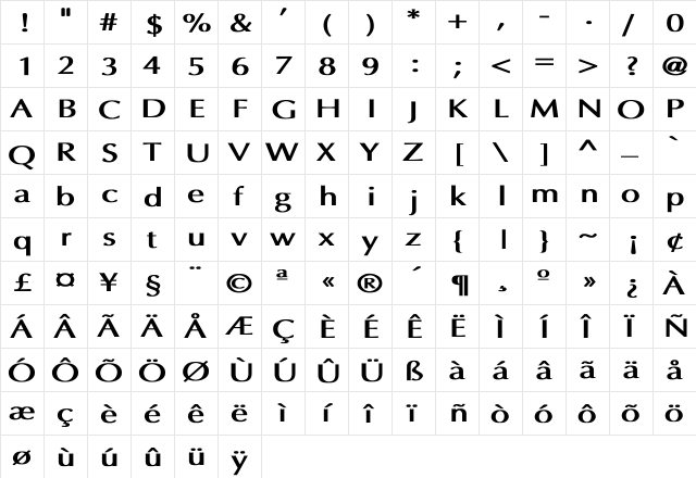 Optima Bold Wd Bold Bold  glyph index