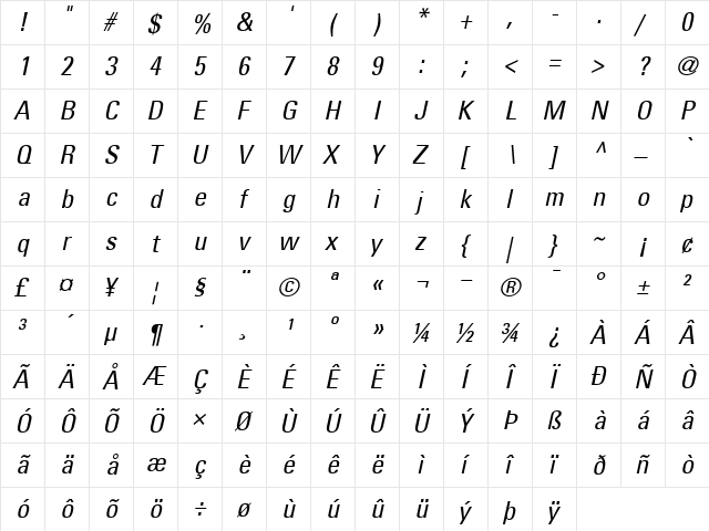Univers57-Condensed RomanItalic  glyph index