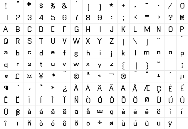 MyhotaHatched Bold  glyph index