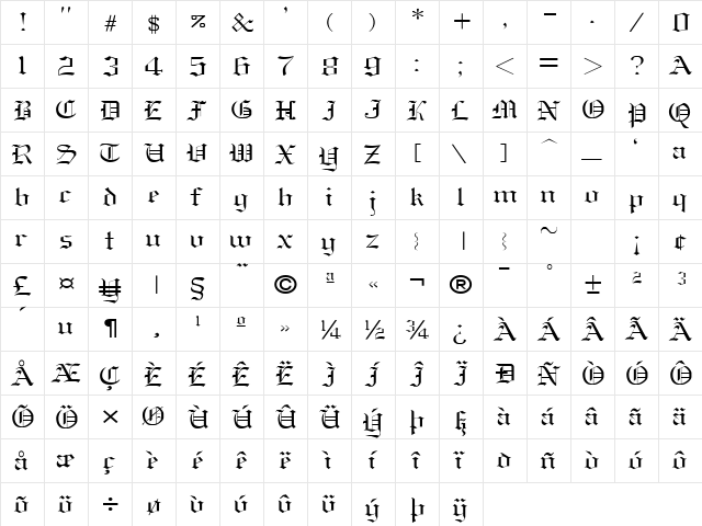 Old-English-Nue Normal  glyph index