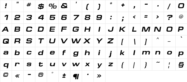 EuropeExtendedC Bold Italic  glyph index