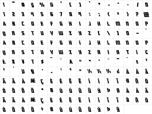 Hard Science Leftalic Italic  glyph index