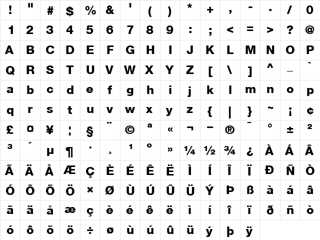 Helvetica85-Heavy Heavy  glyph index