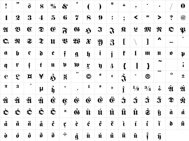 FetteFraD Eo Regular  glyph index