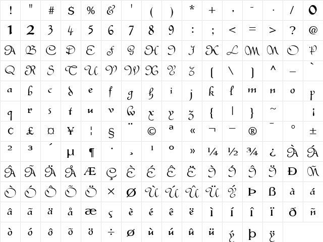 Lancaster Bold  glyph index