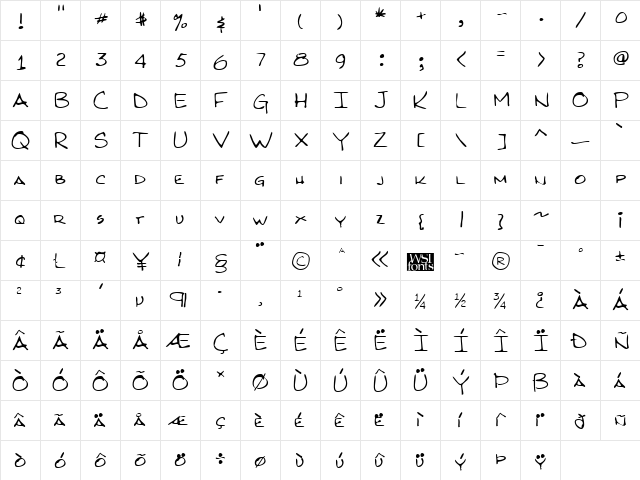 KirbysHand Regular  glyph index