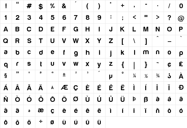 Harabara Bold  glyph index