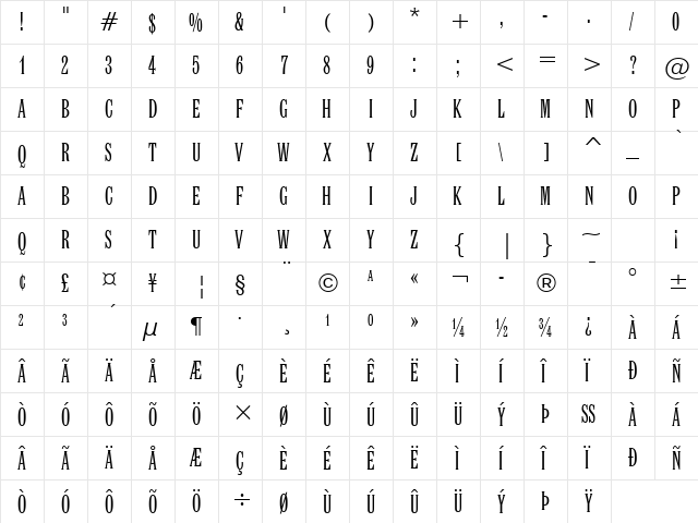 Latin XCn BT Regular  glyph index