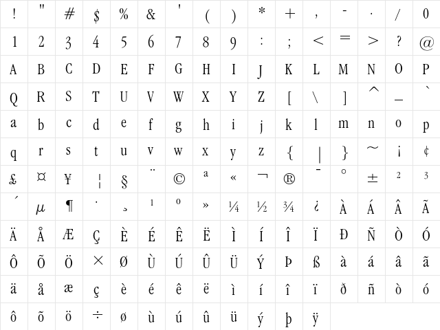 ITC Garamond Light Condensed  glyph index