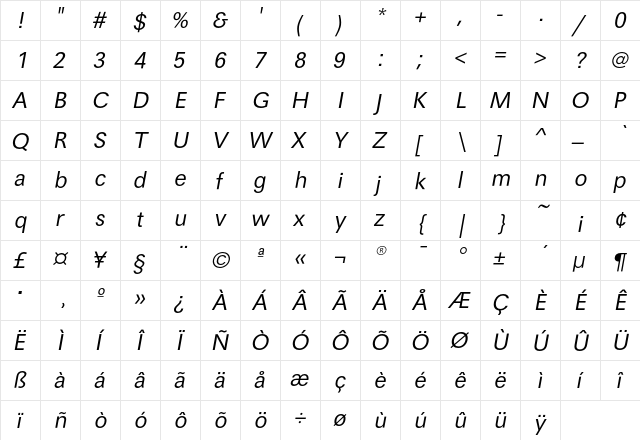 MaximaEF LightOblique  glyph index