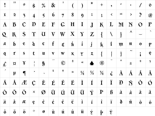 Merlin Bold  glyph index