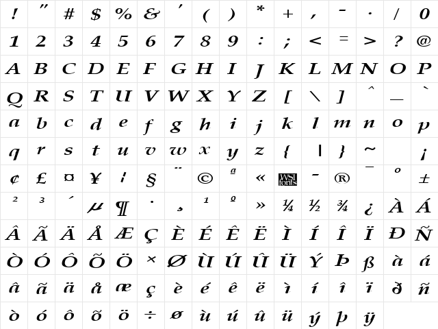 PalisadeBroad Bold Italic  glyph index