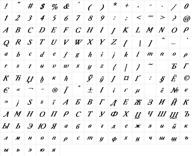 Academy Italic Bold Italic  glyph index
